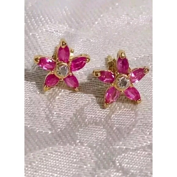 Fine Ruby Diamond Flower Designer Earrings 18K Yellow Gold Over Sterling Silver - Picture 2 of 11